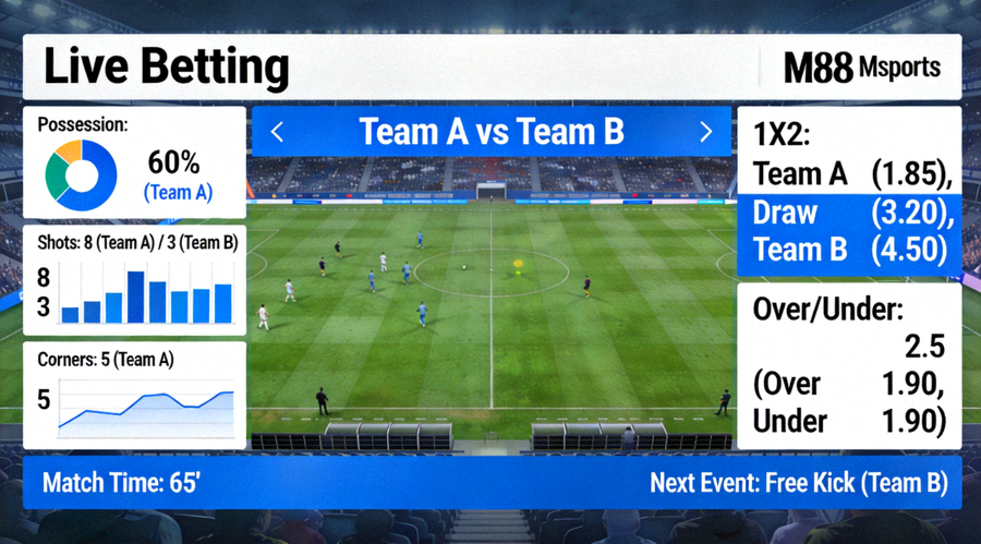 Contoh tampilan live betting pada pertandingan sepak bola di M88 Msports dengan grafik statistik