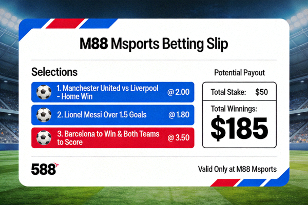 Contoh tiket taruhan atau betting slip di M88 Msports yang berisi pilihan dan total kemenangan
